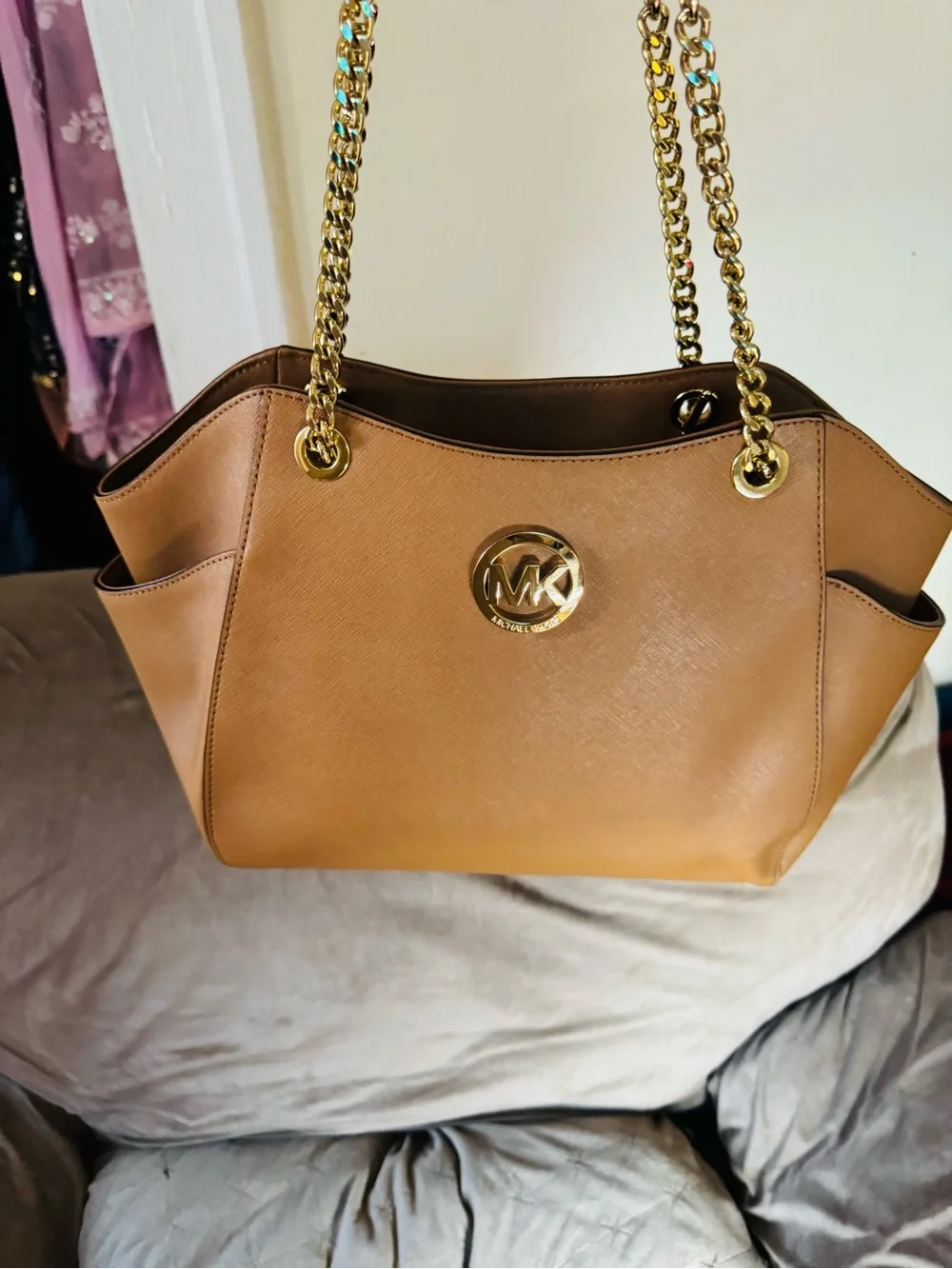 Michael Kors Cognac Saffiano Leather Tote with Gold Chain Straps
